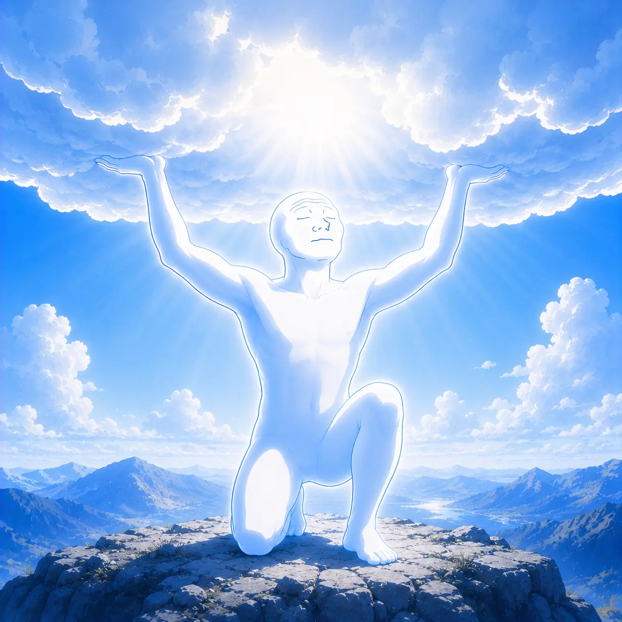 WASB character kneeling with arms raised to the sun