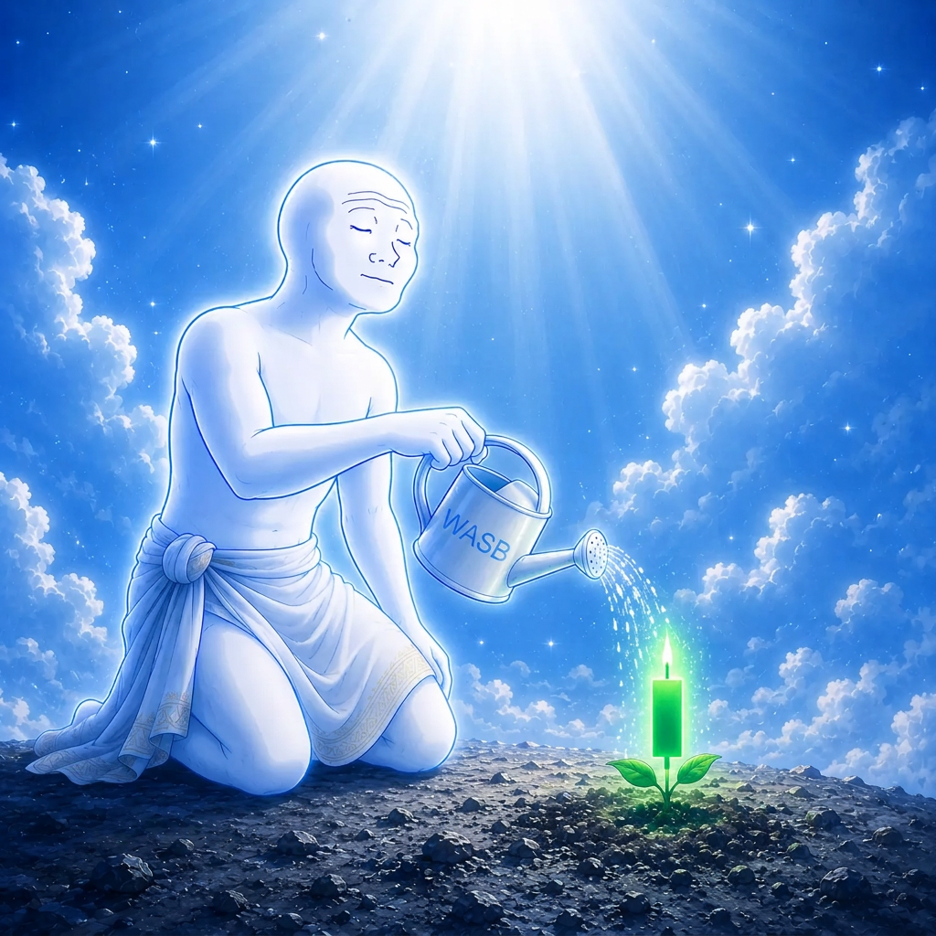 WASB character watering a glowing green candle sprout with a WASB can